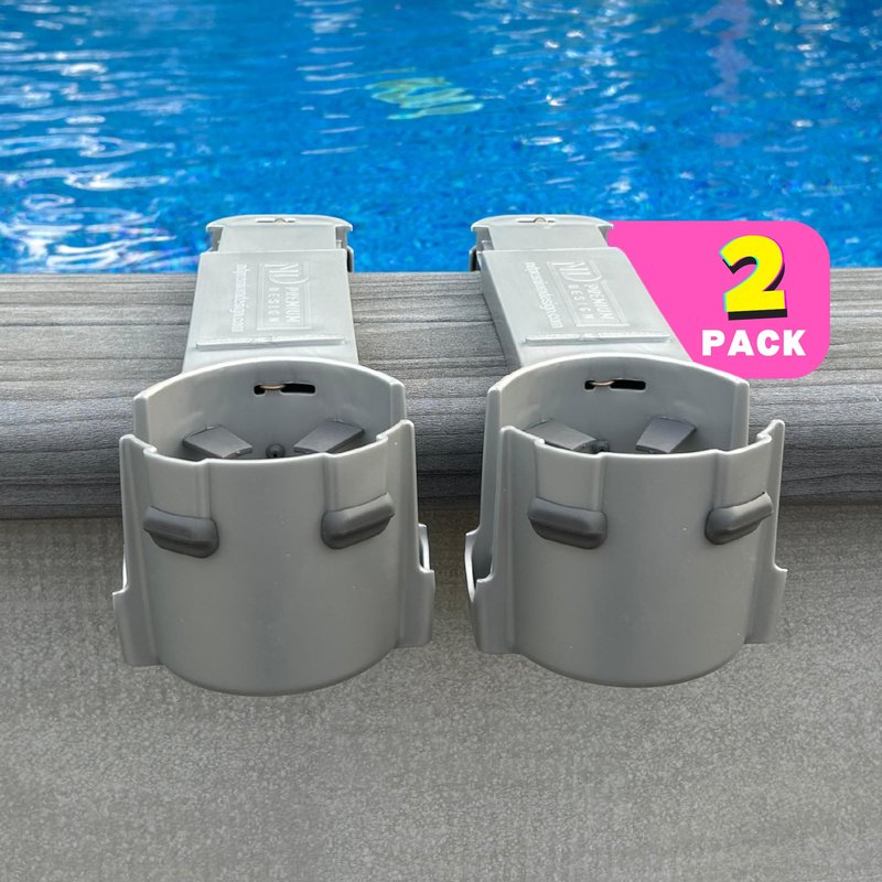 2-Pack Poolside Cup Holders for Square-Top Above Ground Pools, Adjustable Fit for Wide Edges, Non-Slip Silicone Grips, Fits Tumblers & Drink Bottles, Use on Deck, Boat & Patio, Silver Grey