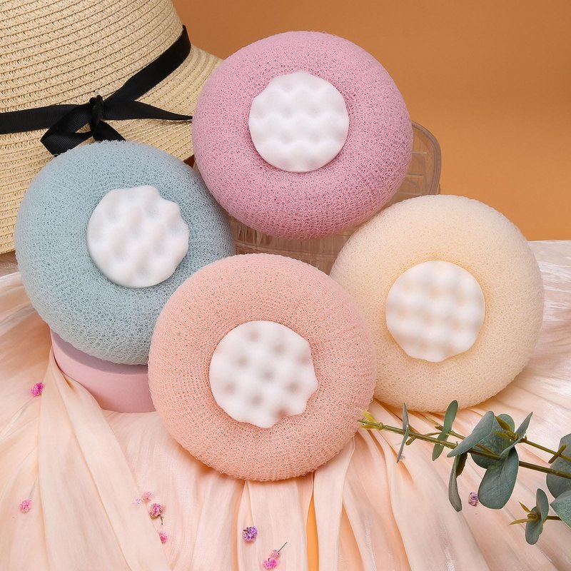 FWUNYVN 3Pcs 2-in-1 Sunflower Bath Ball, Super Soft Exfoliating Bath Sponge Cleaning Brush, Bath Loofah Sponge,Hangable Suction Cup Bath Ball for Women Men(Pink+Blue-Green+Purple)