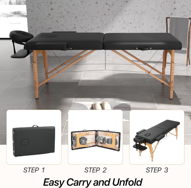 Portable Massage Table - 2 Section Foldable Tattoo Bed | Height Adjustable Lash Spa Bed with Face Cradle - Black