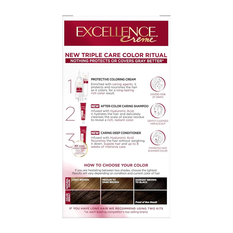 L'Oreal Paris Hair Dye - Excellence Crème for 100% Gray Coverage | 4A Dark Ash Brown, Triple Care Formula