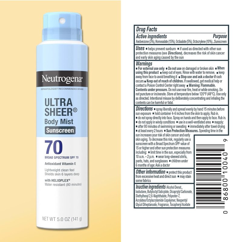 Neutrogena Ultra Sheer Sunscreen Spray - Broad Spectrum SPF 70 | Lightweight & Non-Greasy, 5 oz, Pack of 3