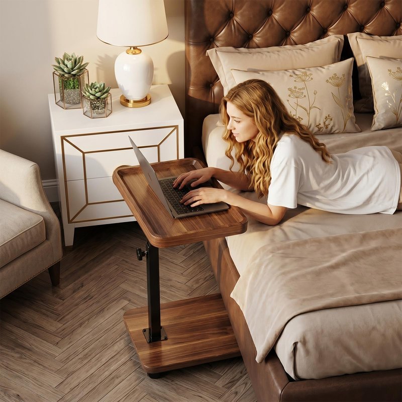 SJIE C Table End Table Adjustable Height, 360°Swivel TV Tray Table for Small Spaces, Side Tables with Wheels for Living Room and Bedroom, Bed (Walnut)