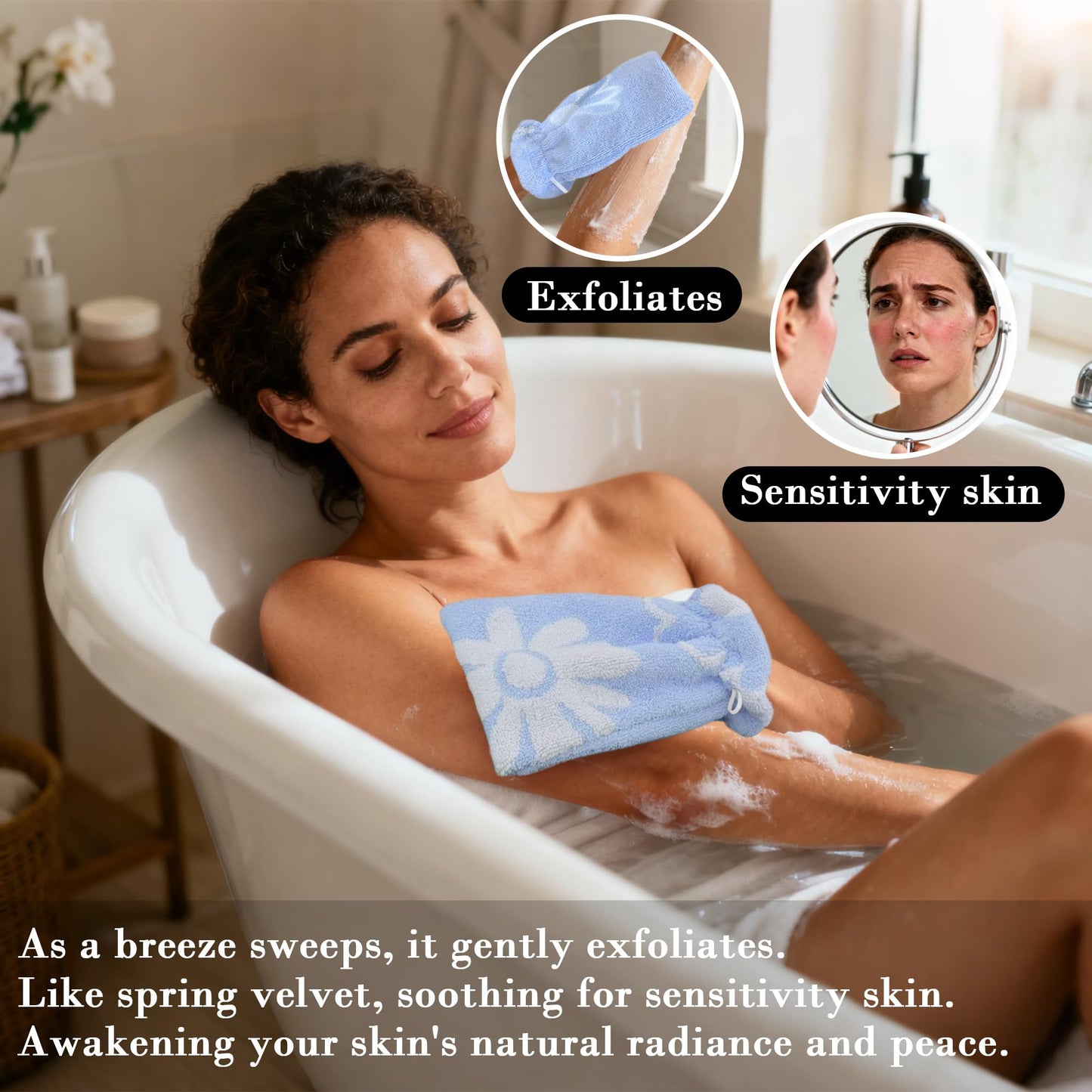 VOOVA & MOVAS Shower Wash Cloth 6-Pack, 100% Cotton Soft Absorbent Bath Mitts with Hanging Loop, 8.3x6.3 Inch European Style Bathing Gloves for Body & Spa, Blue Daisy