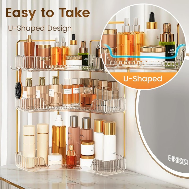 Clear 3-Tier Bathroom Organizer by Corner - Stylish Countertop Storage with Hooks for Makeup & Skincare