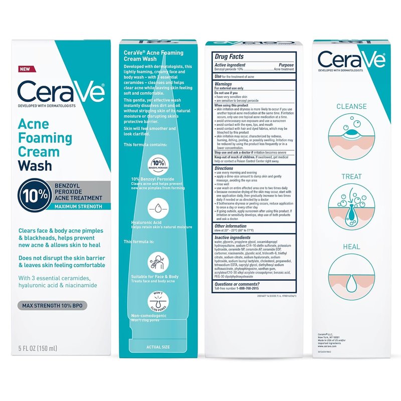 CeraVe Acne Foaming Cream Wash - Gentle Cleanser with 10% Benzoyl Peroxide & Hyaluronic Acid | 5 Oz