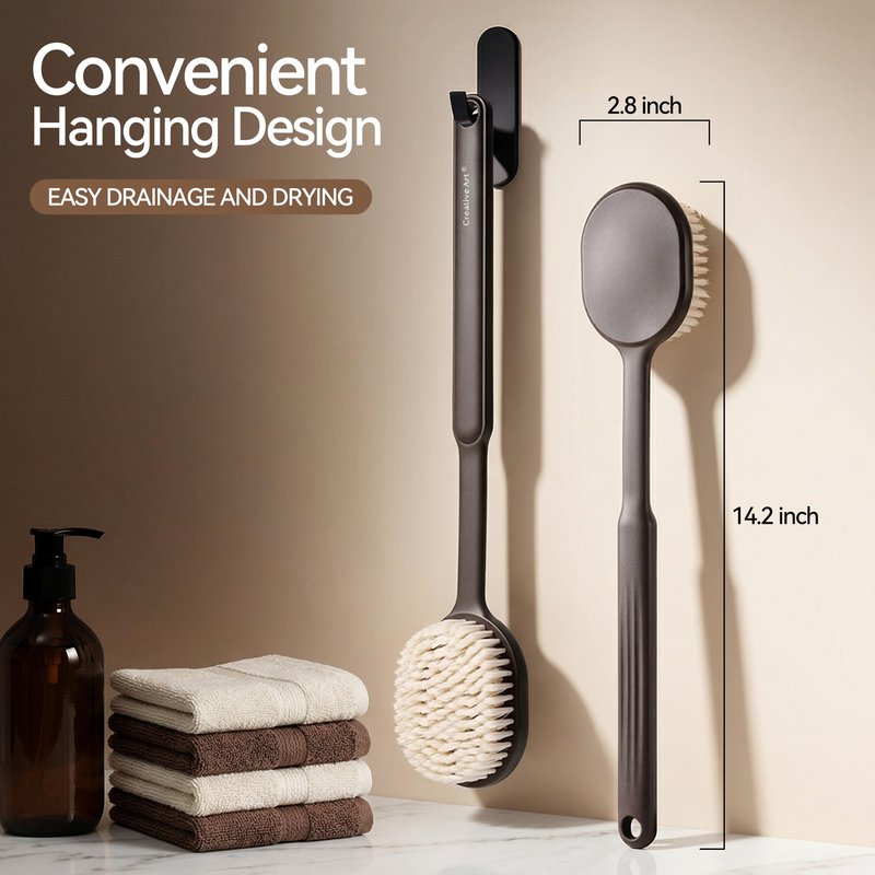 Back Scrubber for Shower for Men Women, Body Brush with Long Handle, Exfoliating Bath Washer with Soft Bristles for Wet or Dry Brushing, Back Scrub Deep Cleaning, Coffee Ground Infused