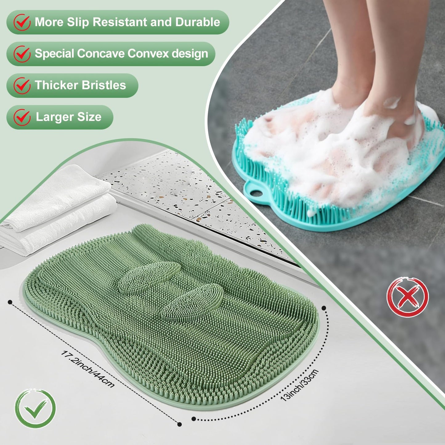 EaTubano Bath Shower Foot Scrubber Mat - Silicone Shower Foot Scrubber Mat (XL) Cleaner Foot Toes Clean Pad Without Bending Non-Slip Suction Cups Bathroom mat 17.2 * 13 inch - Green