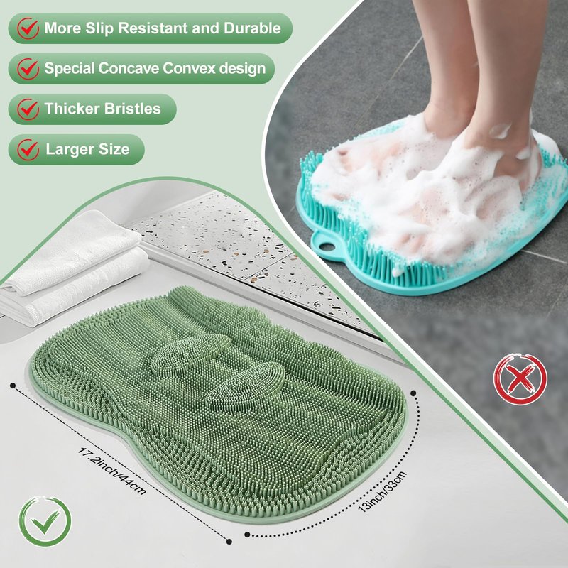 EaTubano Bath Shower Foot Scrubber Mat - Silicone Shower Foot Scrubber Mat (XL) Cleaner Foot Toes Clean Pad Without Bending Non-Slip Suction Cups Bathroom mat 17.2 * 13 inch - Green