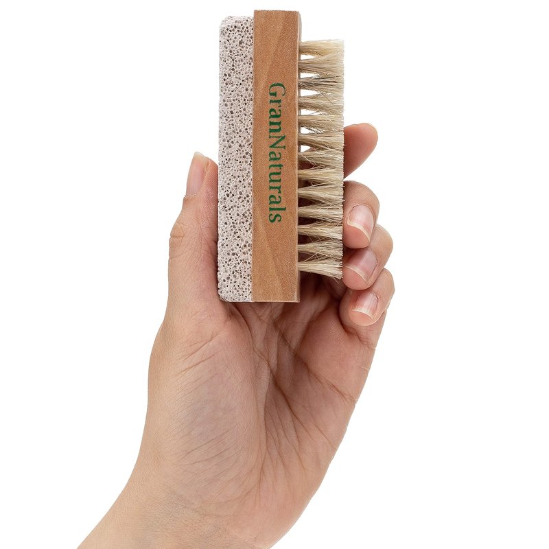 Hand & Foot Brush with Pumice Stone - Natural Bristle Dry Body Exfoliator & Scrubber For Calluses and Dead Skin on Feet, Heels, and Hands - Wooden Handle - Men & Women