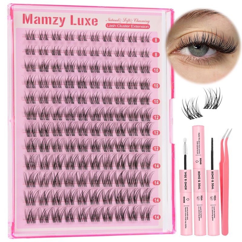 Natural Lash Clusters Kit Short Wispy Eyelash Clusters 8-14MM Clear Band Cluster Lashes Extensions Kit 120Pcs CC-Curly Daily Exquisite Eyelashes Clusters with Bond and Seal and Tweezers