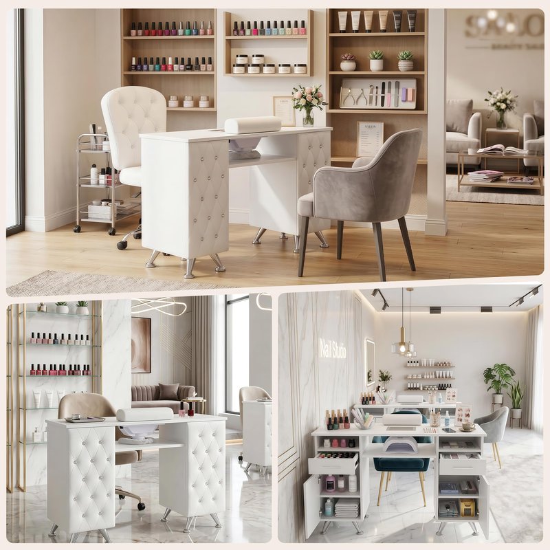 Hicomony Manicure Table Nail Desk with Storage, Professional Nail Tech Desk,with Upholstered Leather Cabinets, Crystal Tufted Modern Nail Salon Desk Table for Beauty Studio