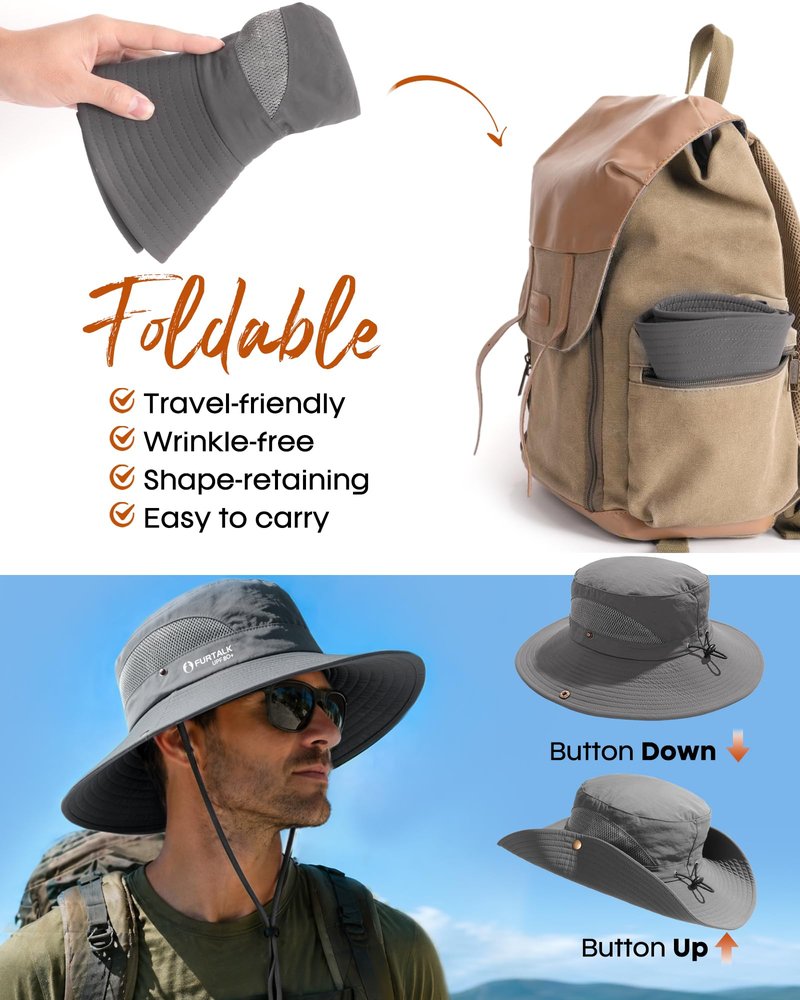 FURTALK Mens Bucket Sun Hat UPF 80+ Wide Brim Hiking Fishing Beach Outdoor Hats Dark Grey