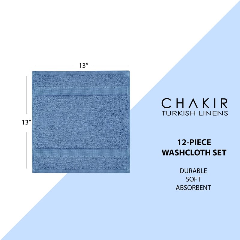 Chakir Turkish Linens 12 Piece Washcloth Set, 100% Cotton Luxury Turkish Washcloths for Bathroom, Soft Absorbent Washcloths, 13 x 13 Inches, Wedgewood