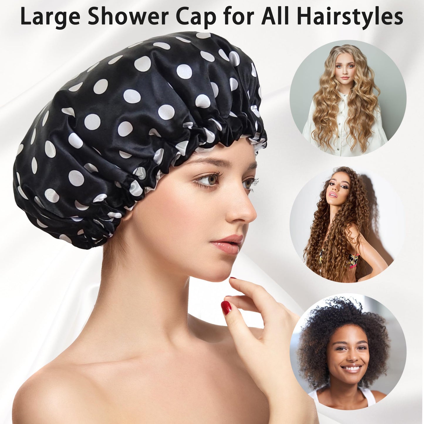 vidsel Shower Cap for Women Reusable Shower Caps Waterproof, Large Double Layer Bath Hair Cap for All Hairstyles