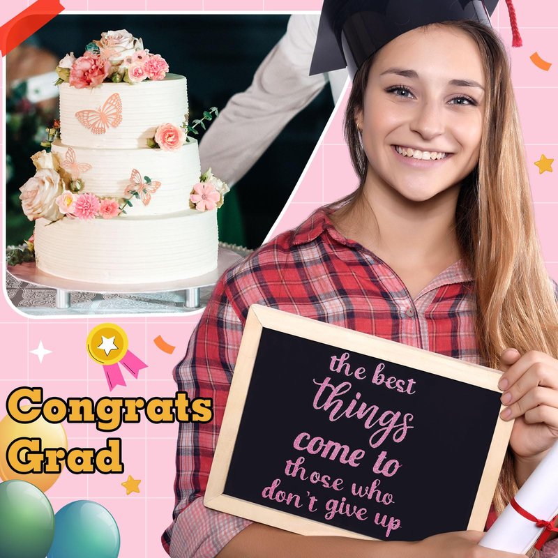 Feifeiya 36 Pcs DIY 2026 Graduation Cap Decorations Accessory Kit Include Faux Flower Heads Graduation Quotes Glitter Stickers 3D Butterfly for Grad Cap Topper DIY Gift(Pink,Inspirational)