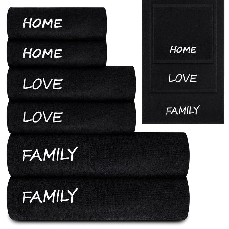 Peryiter 6 Pack Cotton Black Farmhouse Decorative Bath Towels Set, Soft and Absorbent, Contains 2 Bath Cloth, 2 Hand Cloth and 2 Washcloths