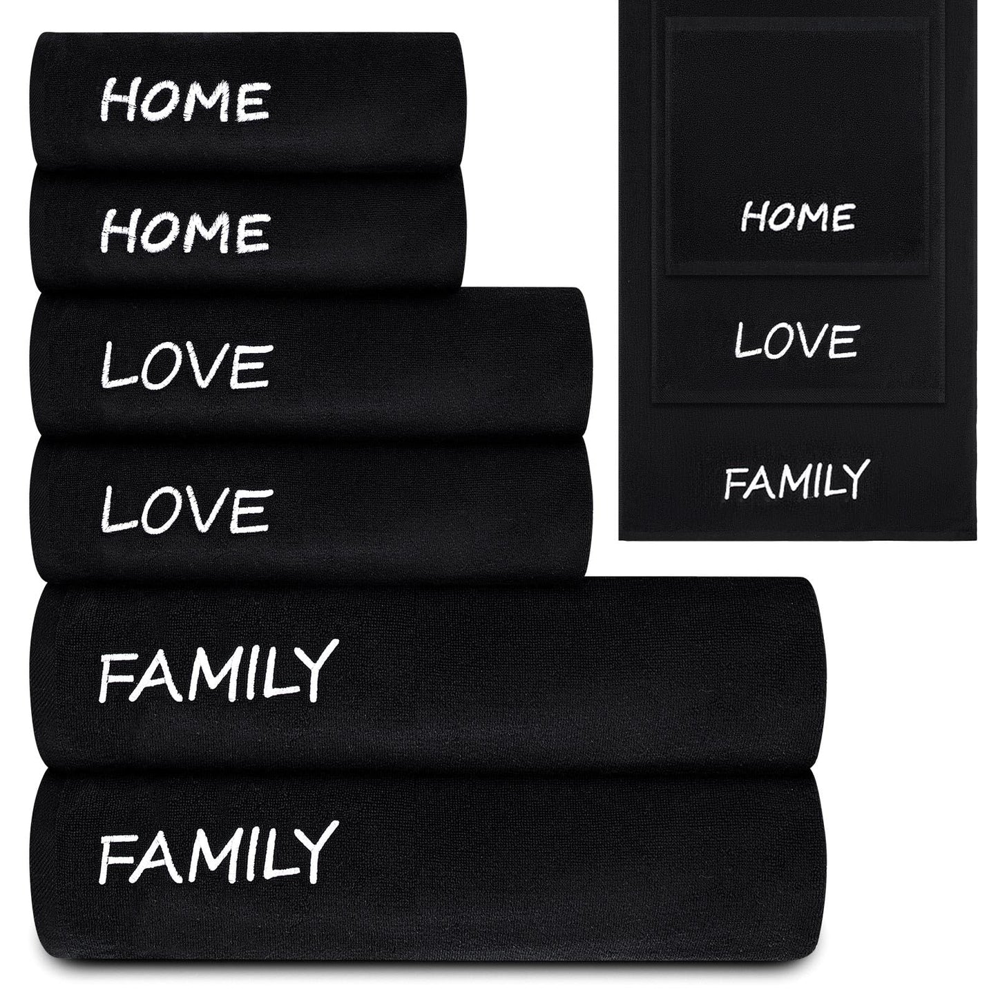 Peryiter 6 Pack Cotton Black Farmhouse Decorative Bath Towels Set, Soft and Absorbent, Contains 2 Bath Cloth, 2 Hand Cloth and 2 Washcloths