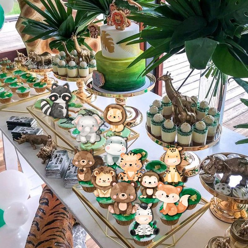 48pcs Safari Cupcake Toppers for Safari Baby Shower Decorations Cute Jungle Animals Cupcake Wild One Birthday Decorations