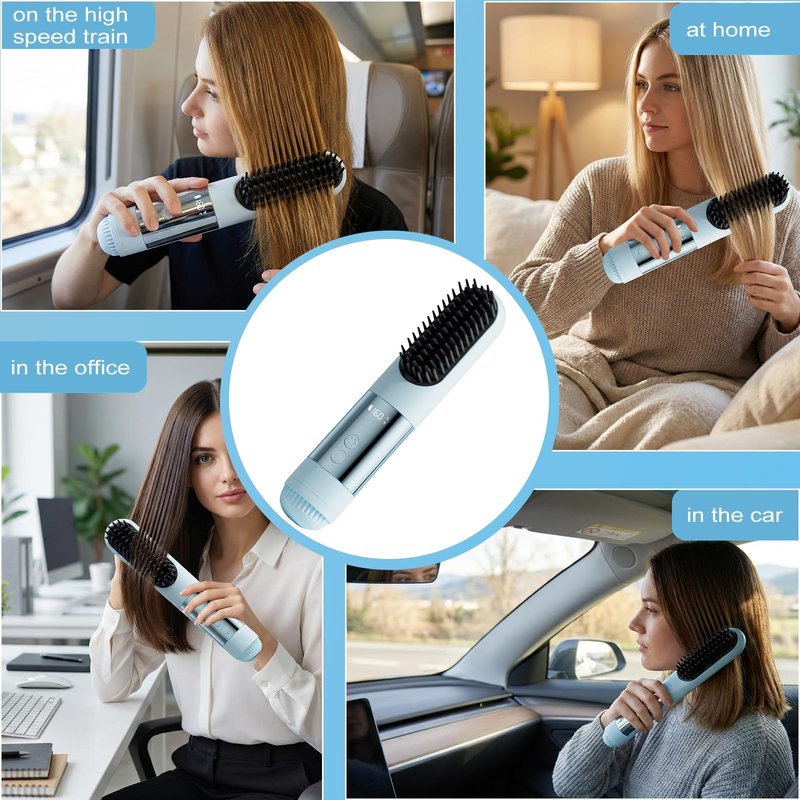 2026 New Go Brush Pro - 3 Temps Portable Cordless Hair Straightener Brush for Travel, 30s Fast Heat & Led Digital Display(°C/°F), Cool Air Setting On the Back(Blue)