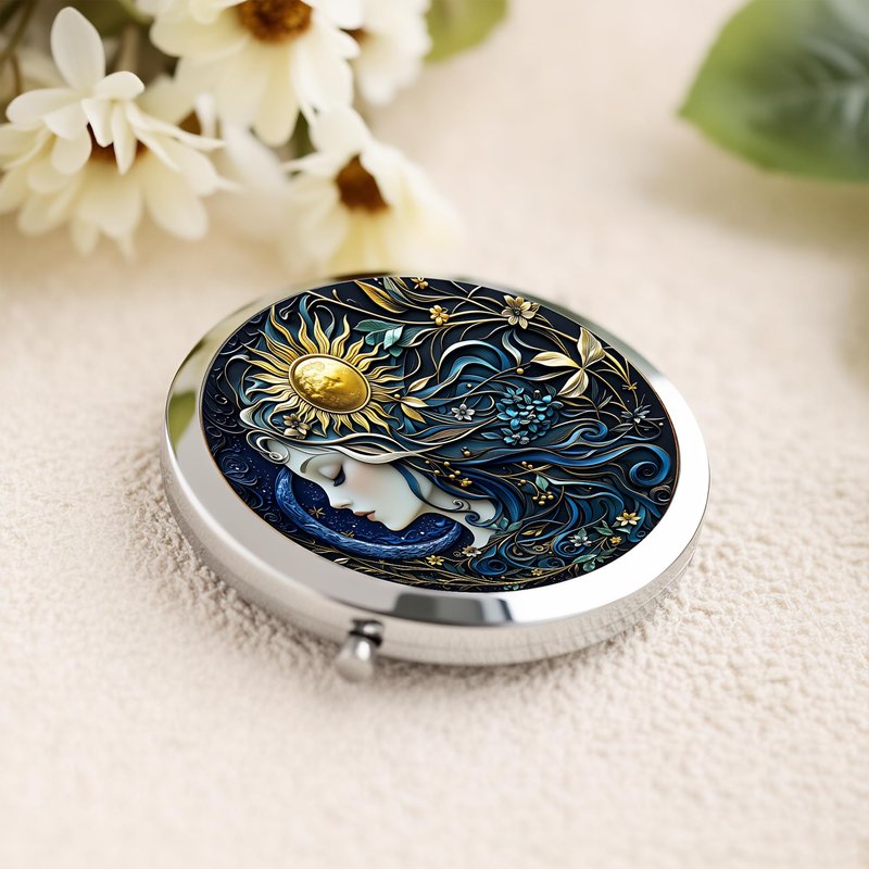 Silver Compact Mirror, 2.8x2.8inch Double-Sided Folding Makeup Mirror with Sun Moon Goddess Design, Ideal Gift for Women