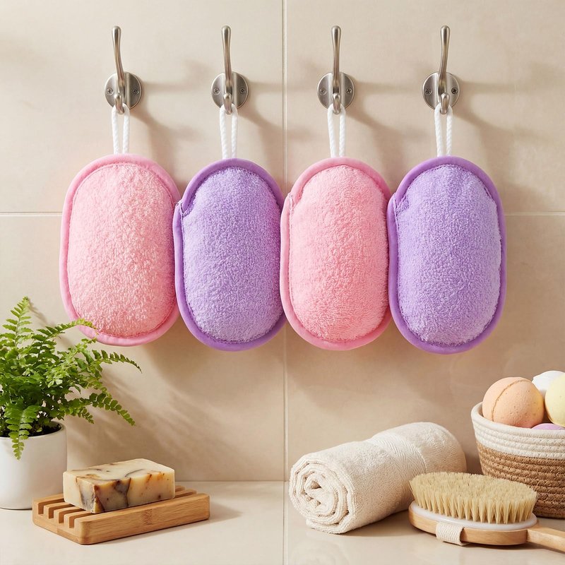 Sunnyray 4 Pcs Bath Body Exfoliating Soap Saver, Exfoliator Scrubber Pouch, Bath Loofah Sponge Body Scrubber Shower Sponge Exfoliating Mesh Pouf for Women and Men Bathing (Pink,Purple)