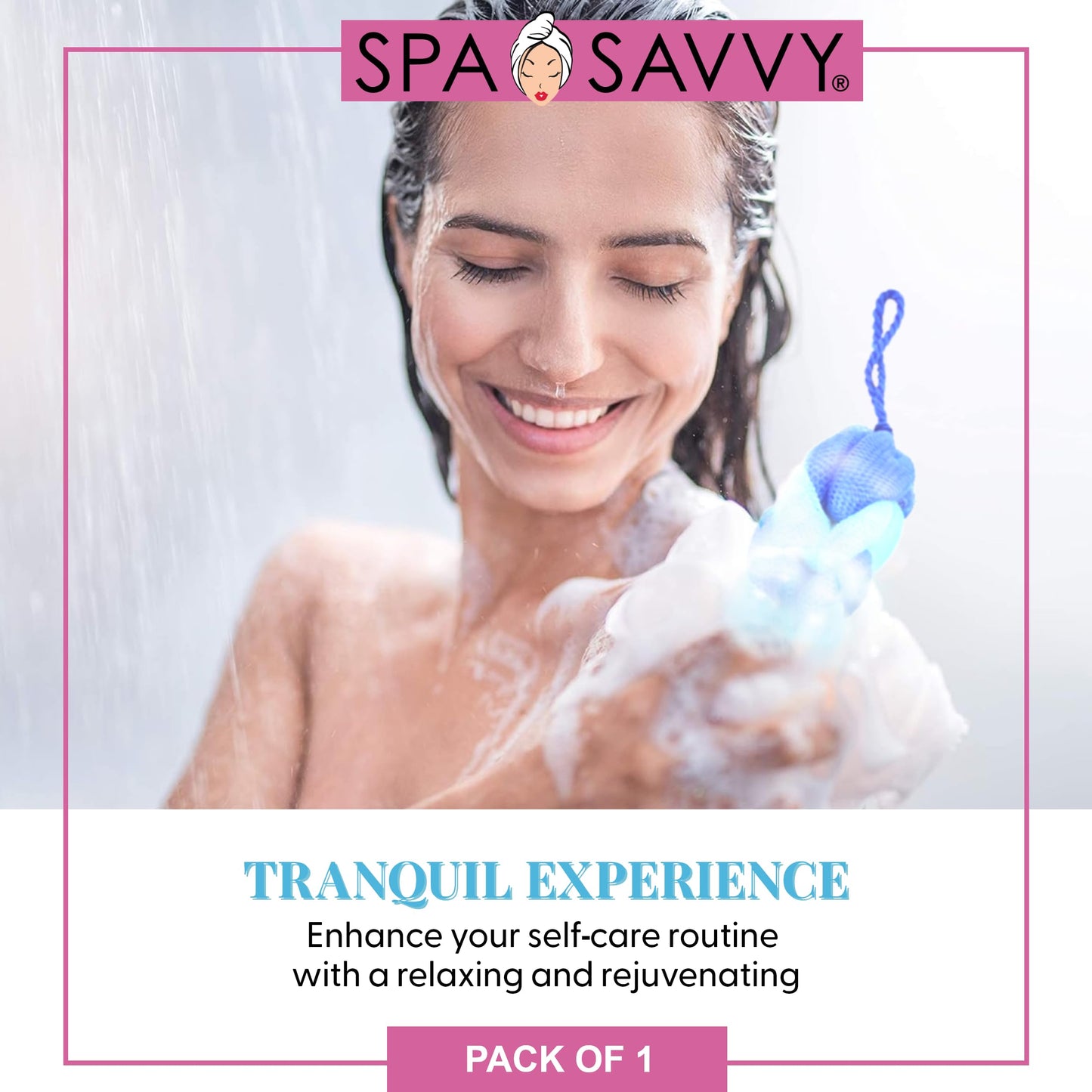 Spa Savvy Bath Loofah Back Scrubber, Long Stretch Mesh Shower Body Sponge with Rope Handles, Exfoliating Braided Pouf for Men and Women, Blue