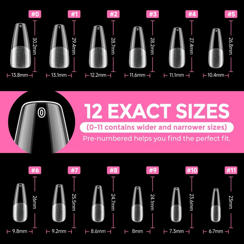UNA GELLA Long Coffin Nail Tips: 216pcs Coffin Acrylic Fake Nails Full Cover Gel Nail Tips Press On Nails Clear Tips for Nail Extension DIY Salon 12 Sizes