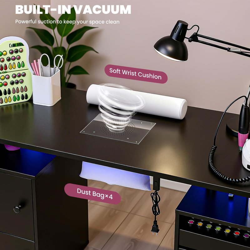 HolaiNail Nail Desk for Nail Tech w/Electric Dust Collector, Rolling Manicure Table w/Lockable Wheels, Storage Drawers, Wrist Cushion, Acetone Resistant, for Nail Beauty Salon Workstation (Black)