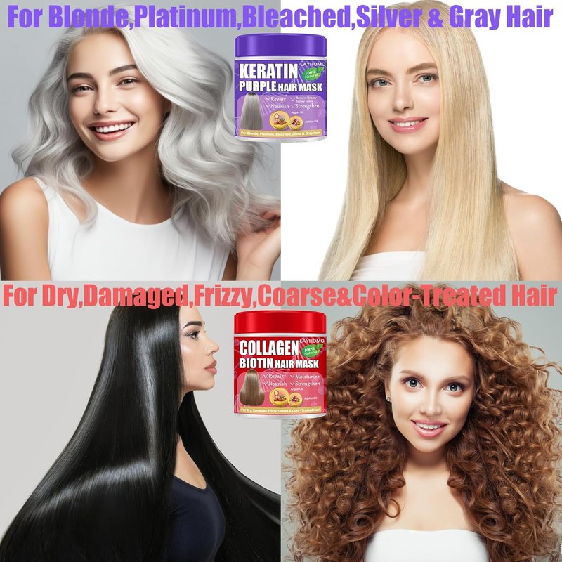 Keratin Hair Treatment - Purple Hair Mask for Blonde & Bleached Hair | Collagen & Biotin Deep Conditioner with Argan & Jojoba Oil