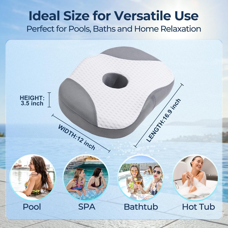 Idle Hippo Hot Tub Booster Seat, 4D Air Mesh Hot Tub Pillow with Powerful 6 Non-Slip Suction Cups, Ergonomic Booster Cushion, Quick Dry Spa Pillow for Indoor Outdoor Hot Tub-White/Grey