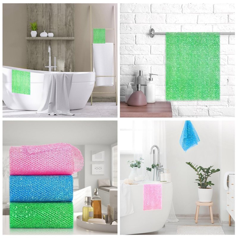 UJFQBH 3 Piece Bright Style African exfoliating net Exfoliating Shower Set Long Bath Sponges for Smooth, Refreshed Skin, The Exterior Gleams - Ideal for Daily Use (Bright Pink, Blue, Green)