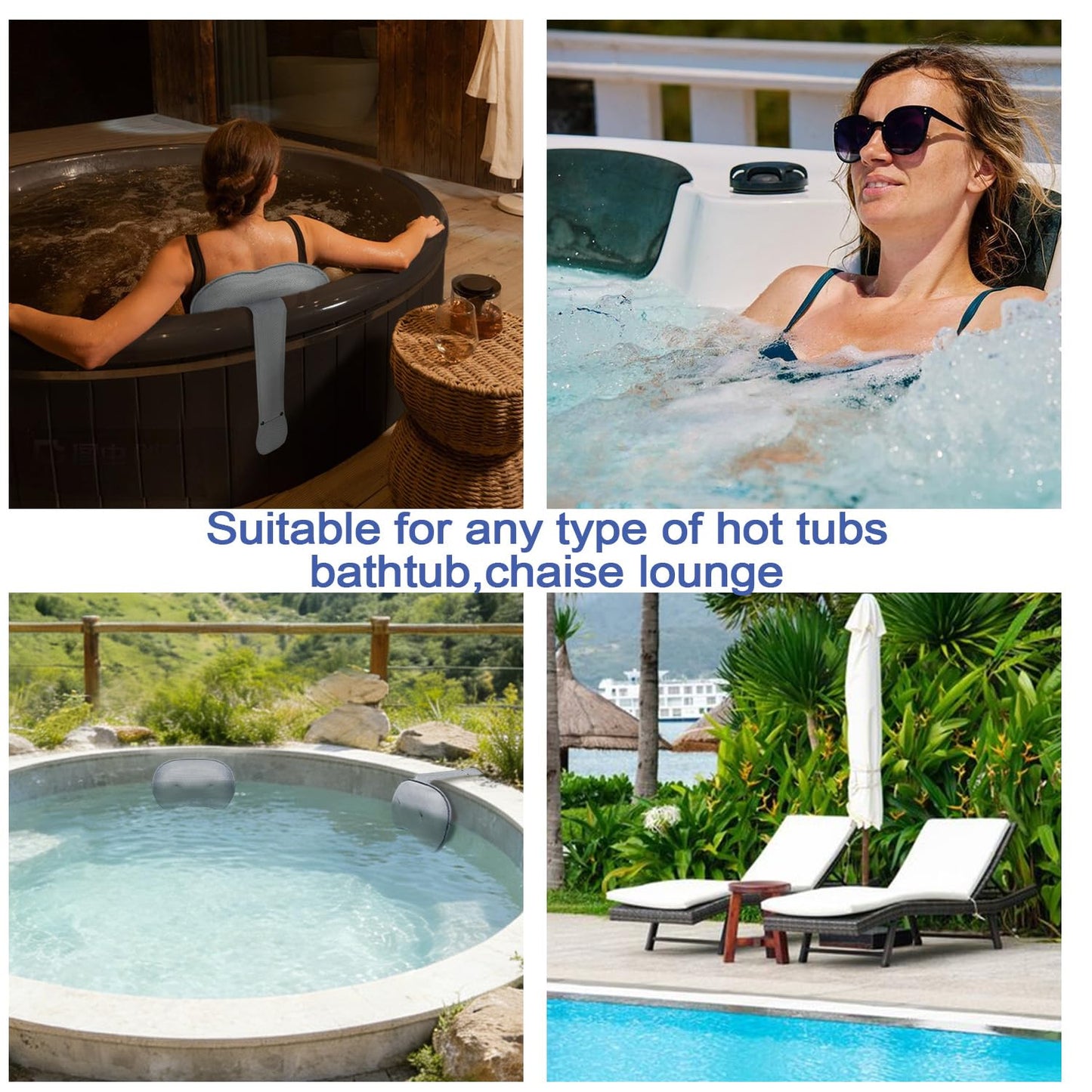 2-Pack Pillow for Hot Tub, Spa, and Chaise Lounge - Universal Headrest & Neck Support Cushion, 3D Mesh Adjustable Height with Long Strap, Easy Drying (2-Pack,Gray)