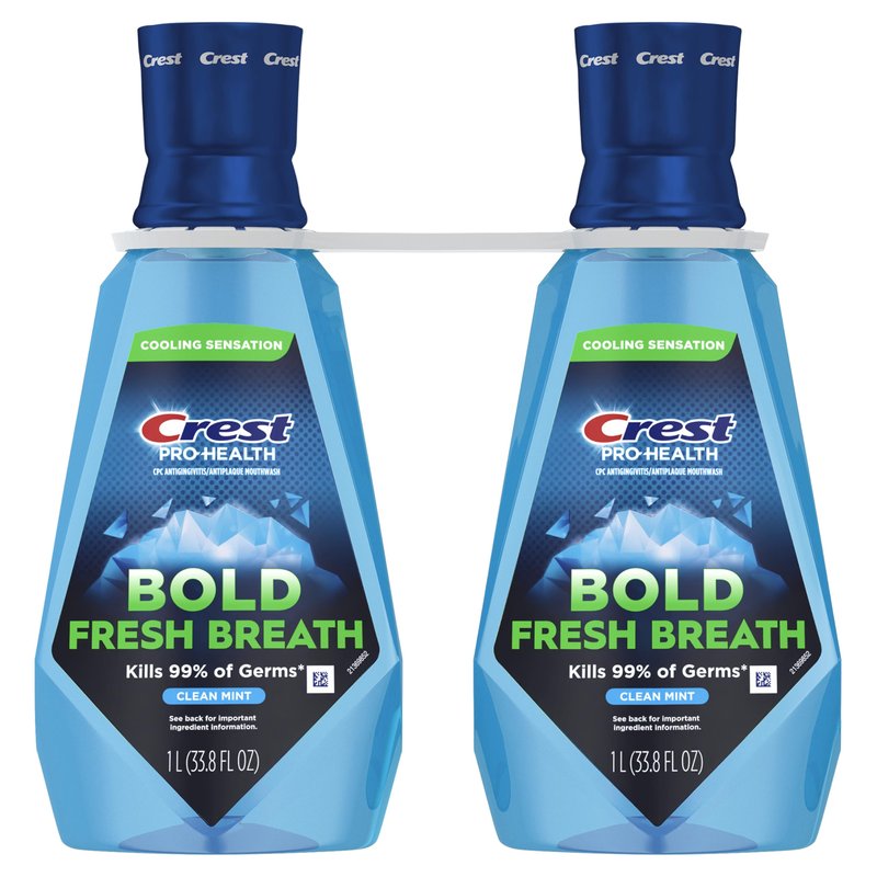 Crest Mouthwash Pro-Health Bold Fresh Breath, 99% Germ Kill, Antigingivitis & Antiplaque, Clean Mint - 1 L (33.8 fl oz), Pack of 2