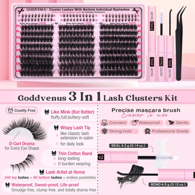 Fluffy Lash Clusters Kit Volume Cluster Eyelash Extensions Kit D Curl Waterproof Eyelash Clusters 240pcs Individual Lashes Full Faux Mink Cluster Lashes and 60pcs Bottom Lashes for DIY Lash Extension