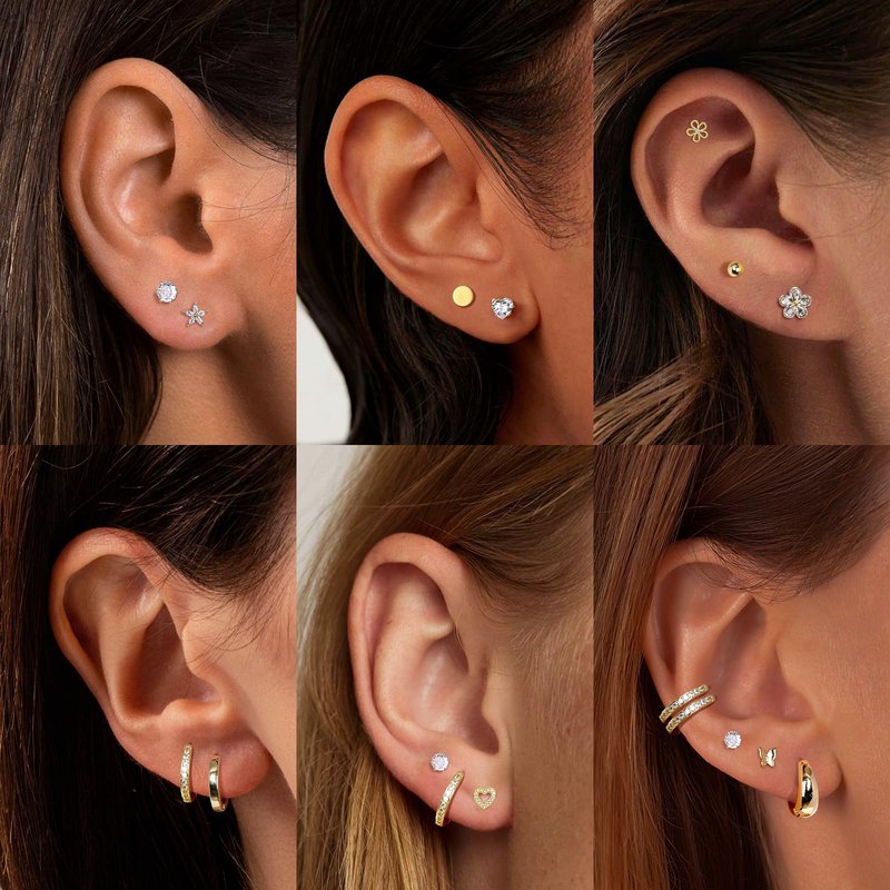 Small Gold Stud Earrings Set for Women - 14K Gold Plated CZ Huggie Hoops Hypoallergenic Earrings Dainty Flower Heart Stud Earring for Jewelry Gift