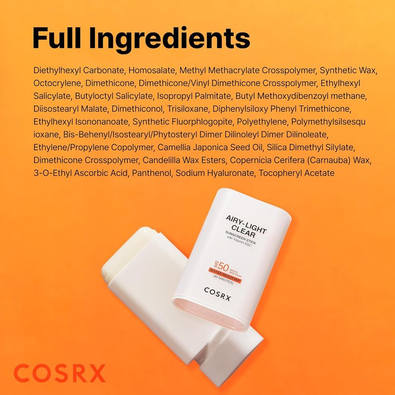 COSRX Airy-Light Clear Sunscreen Stick - SPF 50, No White Cast, Lightweight, Water-Resistant, 0.67 oz