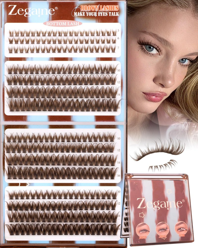 Brown Lash Clusters With Bottom Eyelash Clusters Natural Look Cluster Eyelash Extensions 300Pcs Brown Wispy Lash Clusters D-Curly Individual Lashes 10-16MM by Zegaine