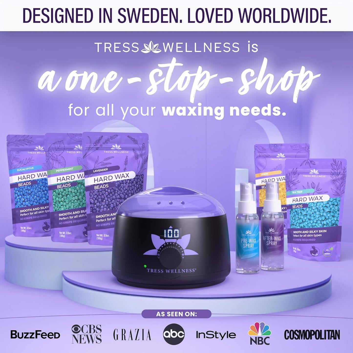 Tress Wellness Waxing Kit - Sensitive Skin Formula for Face & Body | Easy At-Home Use, Digital Display, Black Purple Flower