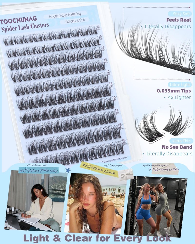 TOOCHUNAG Spider Lash Clusters Breeze Wispy Cluster Eyelash Extensions Fluffy Individual Lashes Clusters 10-16mm D Curly Volume Eyelash Clusters Natural Look with Invisible Band for DIY at Home
