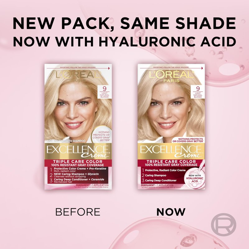 L'Oreal Paris Excellence Crème Permanent Hair Dye, Triple Care Hair Color with Hyaluronic Acid for 100% Gray Coverage, 9 Light Natural Blonde, 1 Kit (Packaging May Vary)
