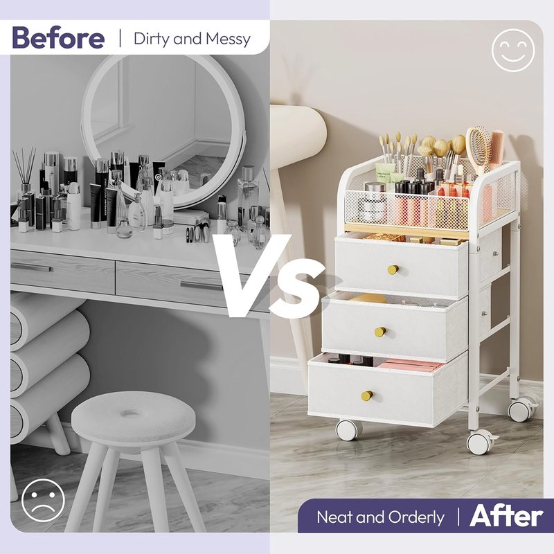 SWTYMIKI Rolling Makeup Organizer Cart - Under Desk Vanity Storage with 3 Drawers | Perfect for Cosmetics & Tools