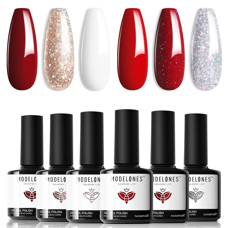 Modelones Red Gel Nail Polish Set - 6 Vibrant Colors with Glitter & Sparkle | Perfect for DIY Nail Art & Manicure
