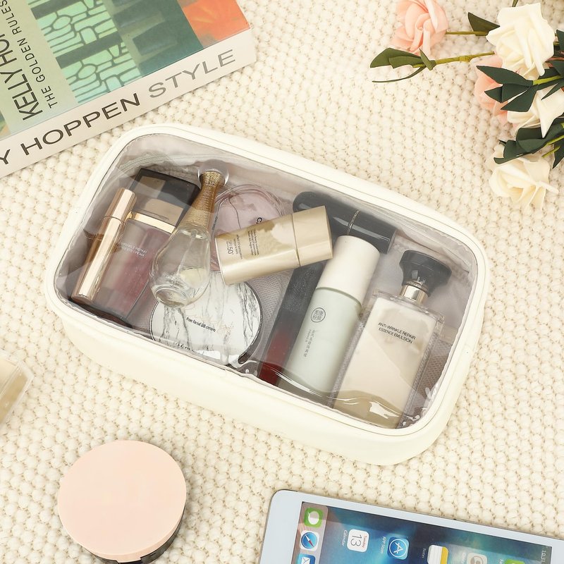 Fammart Clear Makeup Bag with 2 Customizable Chenille Letters - Waterproof PU Leather Cosmetic Case, Large Personalized Toiletry Pouch for Women & Teens, Ideal for Travel & Gift
