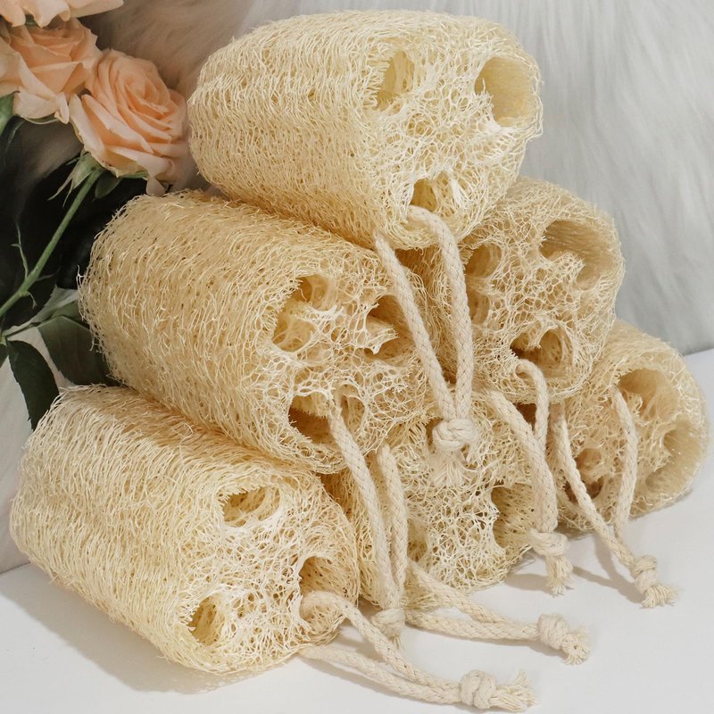 FRTIM Natural Loofah Sponge, Organic Bath Loofah Pack, Lufas Exfoliating Body Scrubber, Loofas Sponges Shower Loofah for Women and Men, Skin SPA Ecotools- 6 Pack