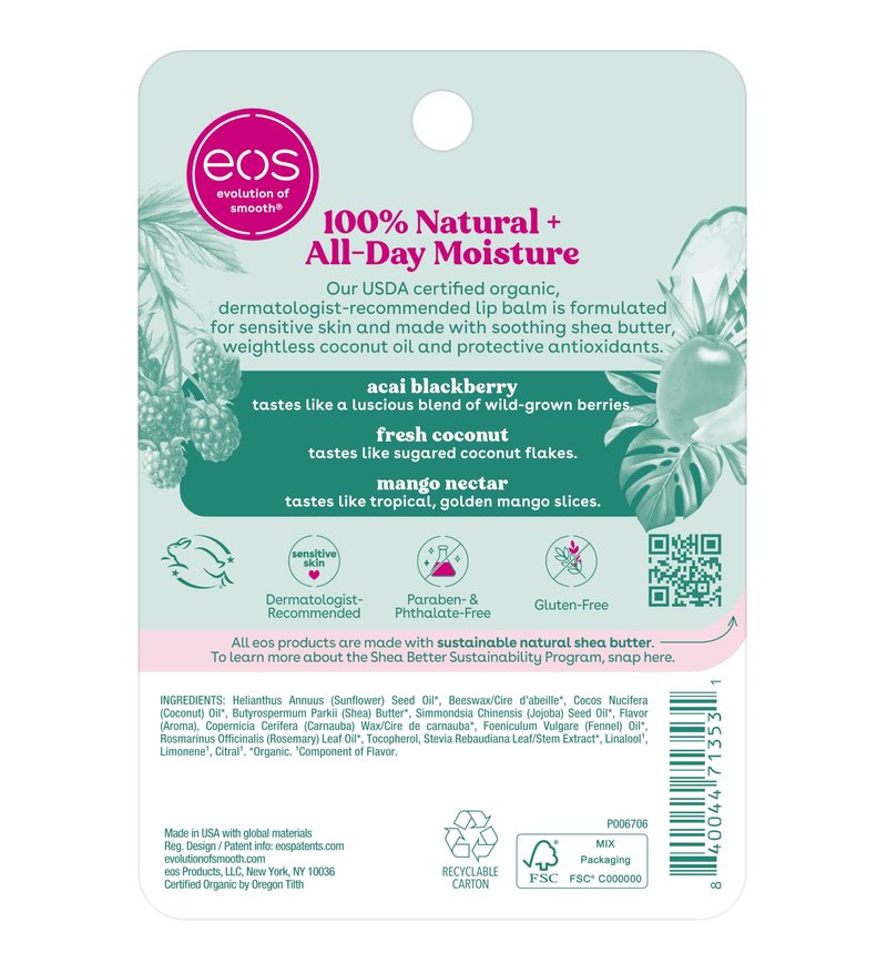 eos Natural Shea Lip balm - Acai Blackberry, Fresh Coconut, Mango Nectar, All-Day Moisture, Lip Care, Shea Butter, Moisturizing, 0.14 oz, 3-Pack Sticks