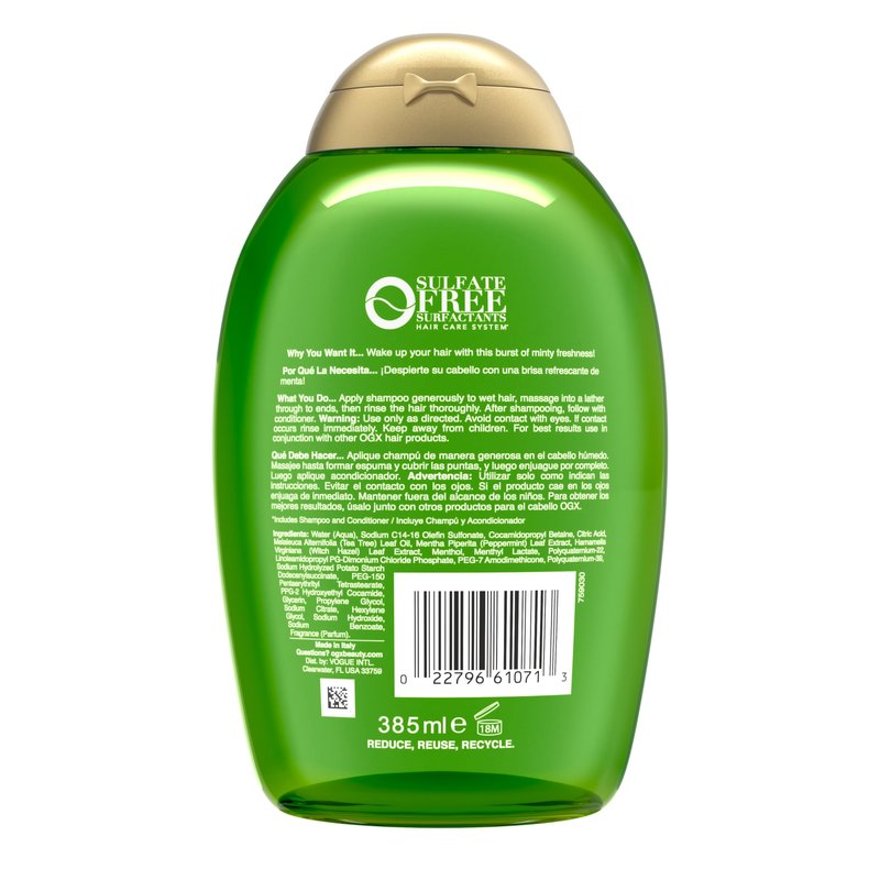 OGX Extra Strength Refreshing Scalp + Teatree Mint Shampoo, Invigorating Scalp Shampoo with Tea Tree & Peppermint Oil & Witch Hazel, Paraben-Free, Sulfate-Free Surfactants, 13 Fl Oz