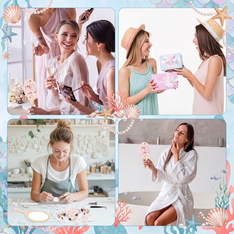 Chumia 6 Set Mermaid Hand Mirror Crafts Kit Creative DIY with Shells Flatback Half-Pearls Starfish and Tools Decorate Your Own Mirror Party Favor for Women Bride Mermaid Birthday Wedding Gift