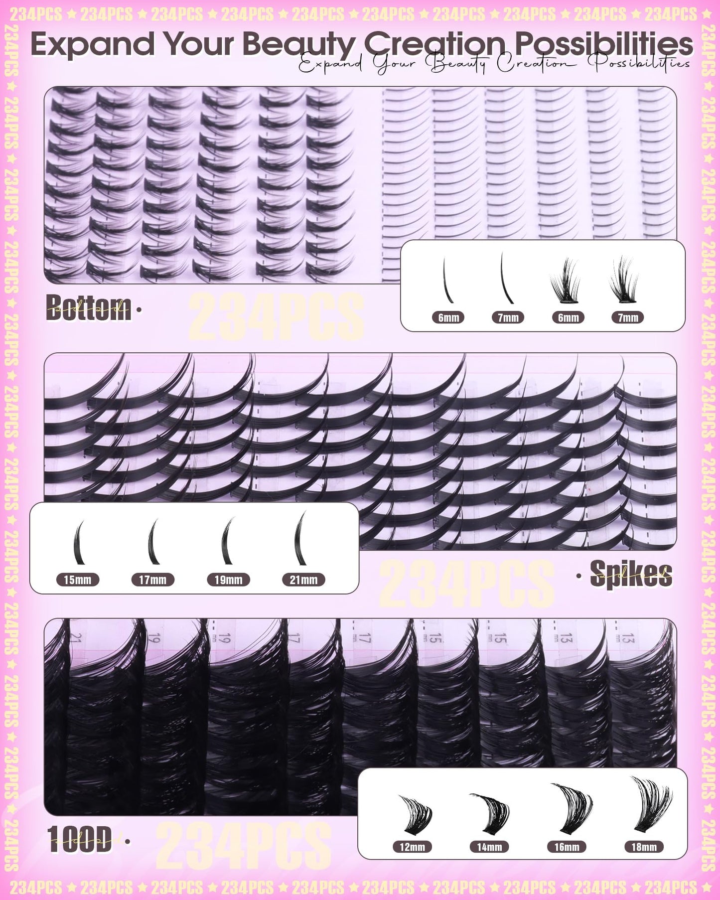 Wispy Lash Clusters with Spikes D Curl Eyelash Clusters with Bottom Lashes 100D Fairy Cluster Lashes Volume Cluster Eyelash Extensions 234PCS Fluffy Individual Lashes DIY Mink Spiky Lash Extension