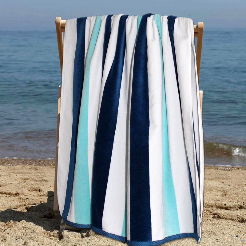 COTTON CRAFT Oversized XXL Beach Towel - 7 Foot Extra Large Big & Tall Huge Beach Blanket Towel - 100% Cotton Jacquard Velour - Plush Super Soft Luxury Pool Bath Yoga Towel -35x84- Cabana Stripe Blue