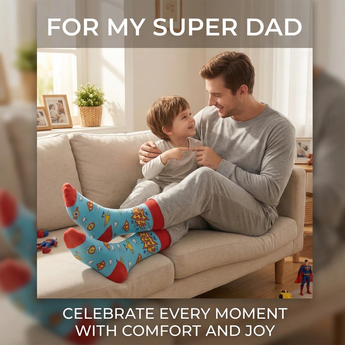Super Dad Socks, Funny Dad Socks Gift for Father’s Day, Novelty Cotton Dress Socks for Men, Seamless Toe Breathable Crazy Socks for Dad Husband Grandpa, Size 8-12